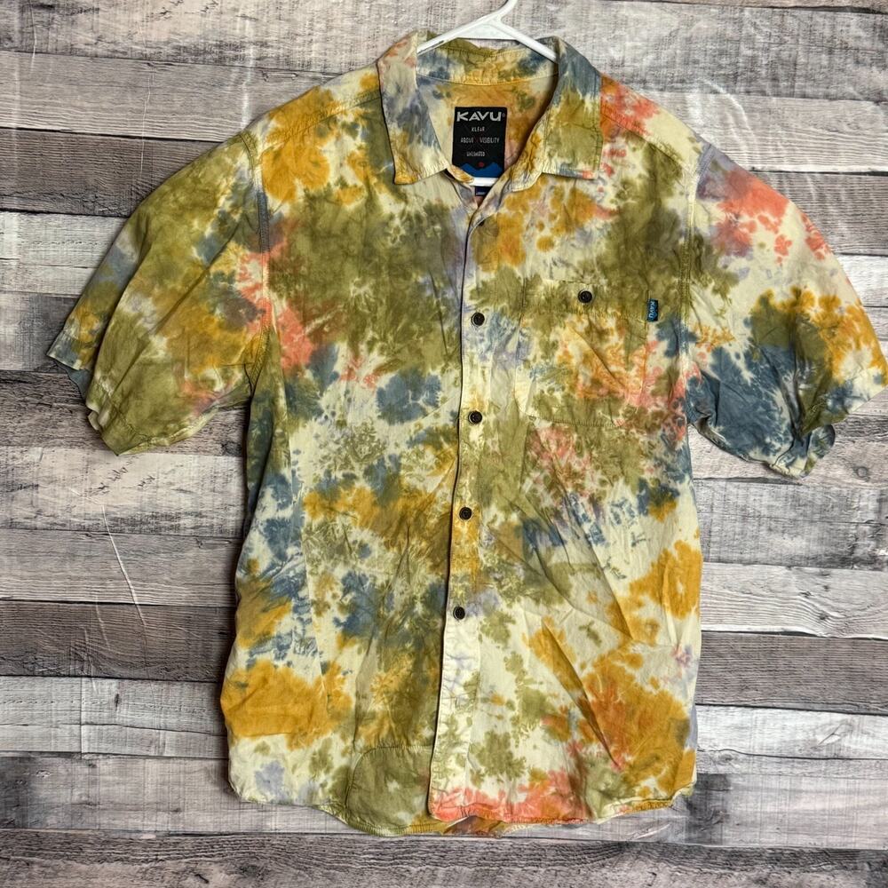 Kavu Tie Dye Adventure Shirt Mens Medium Button Up Secrect Pocket Boho